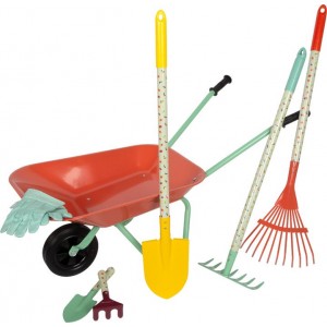 Metalinis vaikiškas karutis su sodo įrankiais